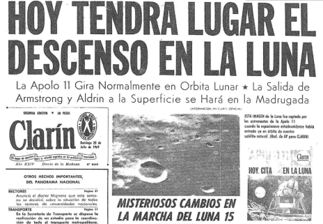 Parte de la tapa del diario Clarín del 20 de Julio de 1969